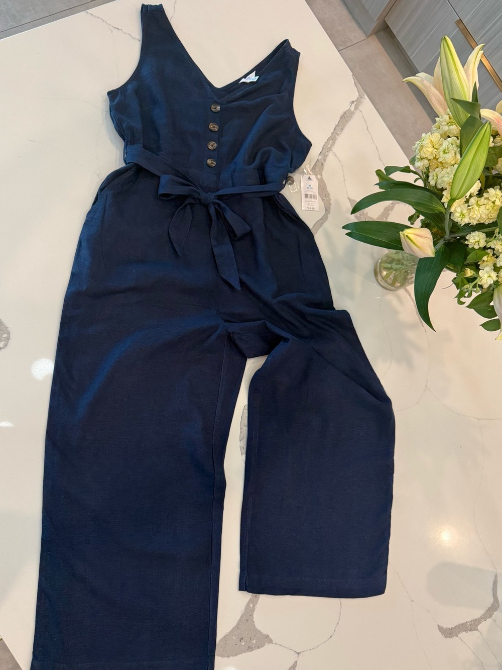 Linen / Rayon Navy Sleeveless Button-Front Jumpsuit with Tie Waist
